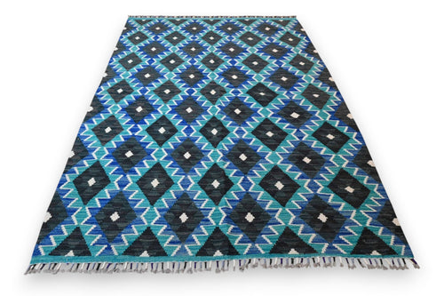 Grafisch oceaanblauw kelim vloerkleed - G746
