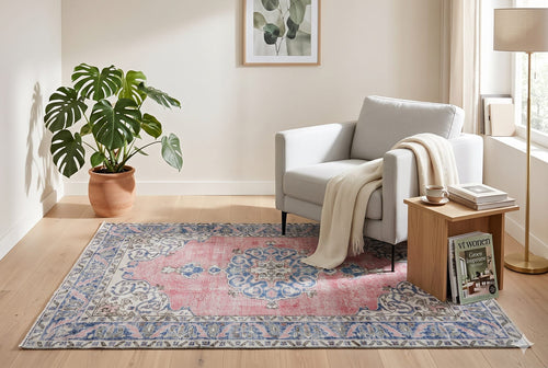 Classic coral red-blue vintage rug - G781