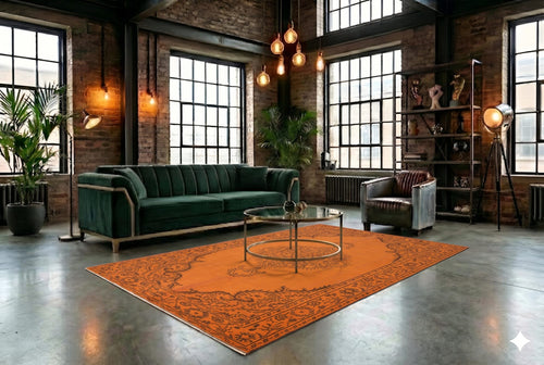 Warm pumpkin orange vintage rug - G791