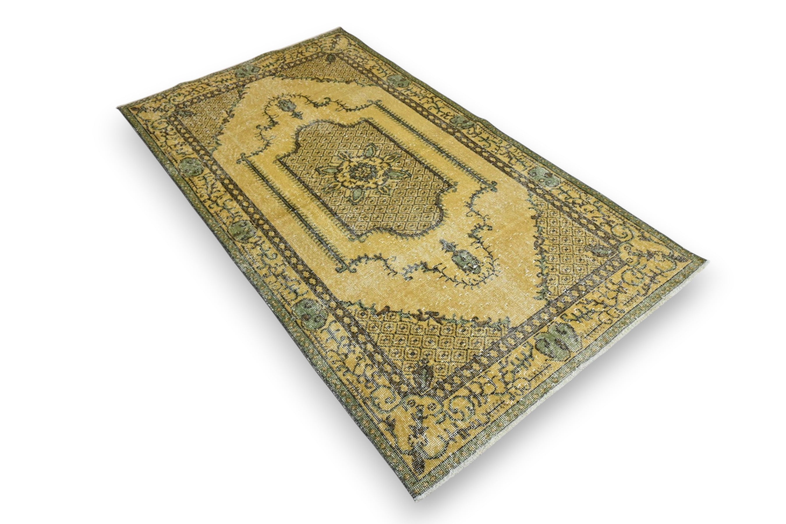 Mosterdgeel vintage vloerkleed medaillon - G451