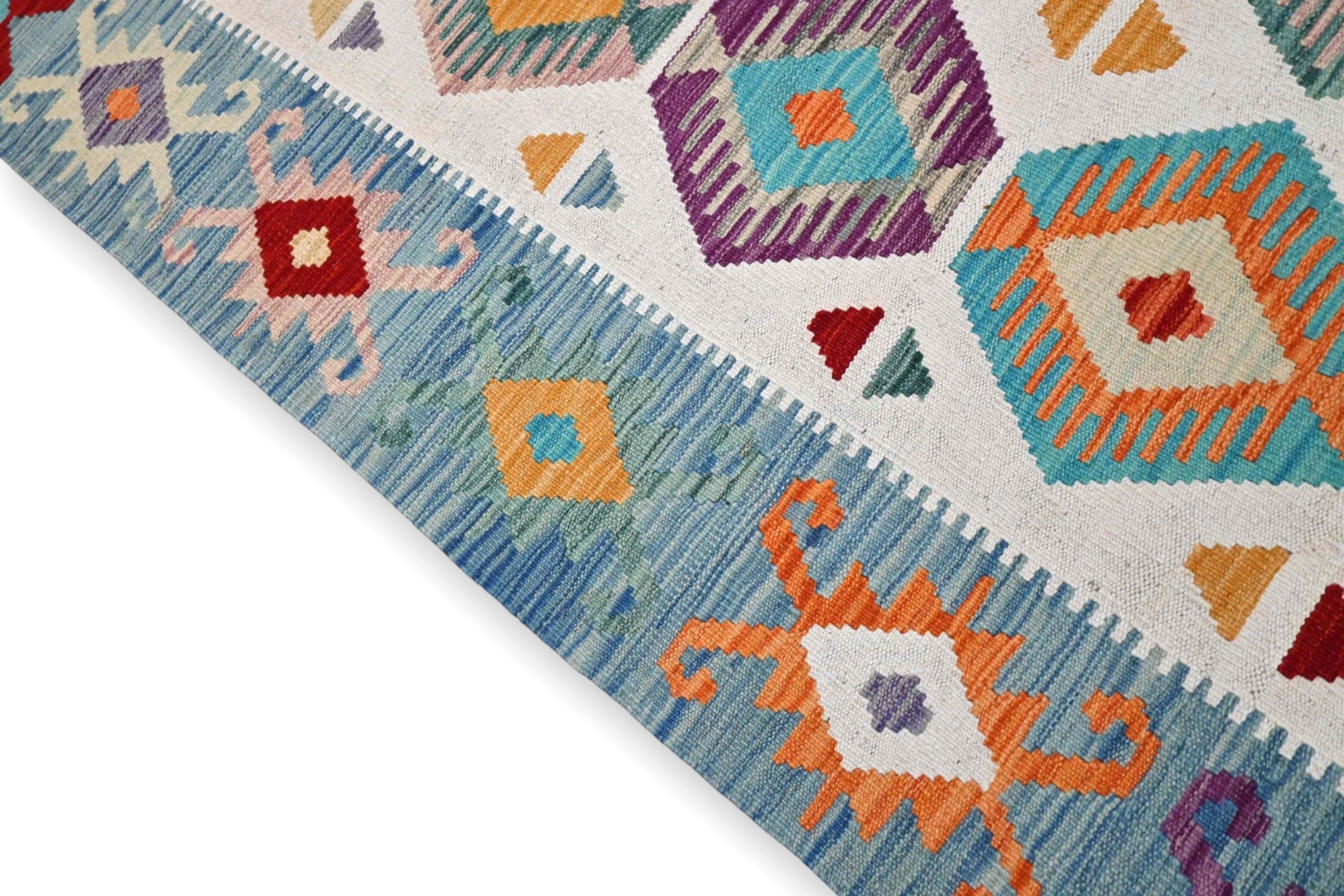 Kleurrijke Afghan kelim - crème lichtblauwe rand - G500