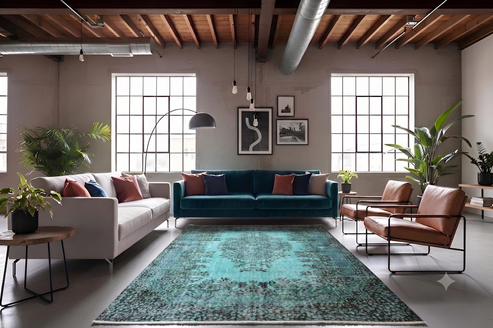 Helder turquoise vintage vloerkleed - G577