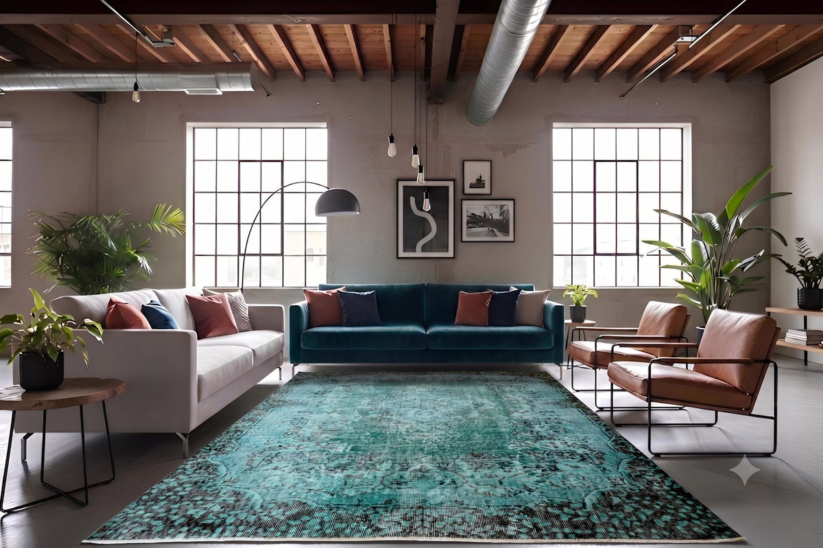 Donker turquoise vintage vloerkleed - G582