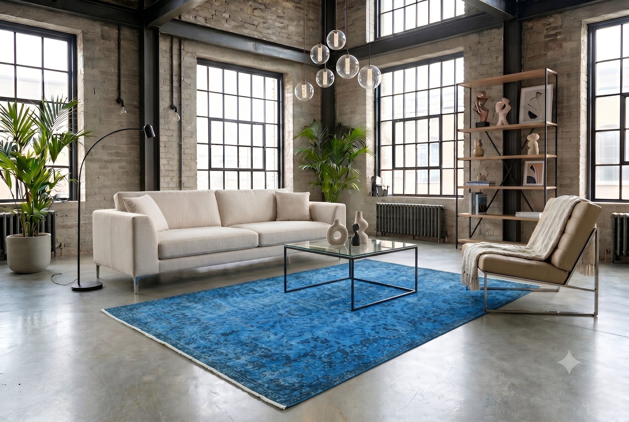 Helder korenblauw vintage vloerkleed - G592