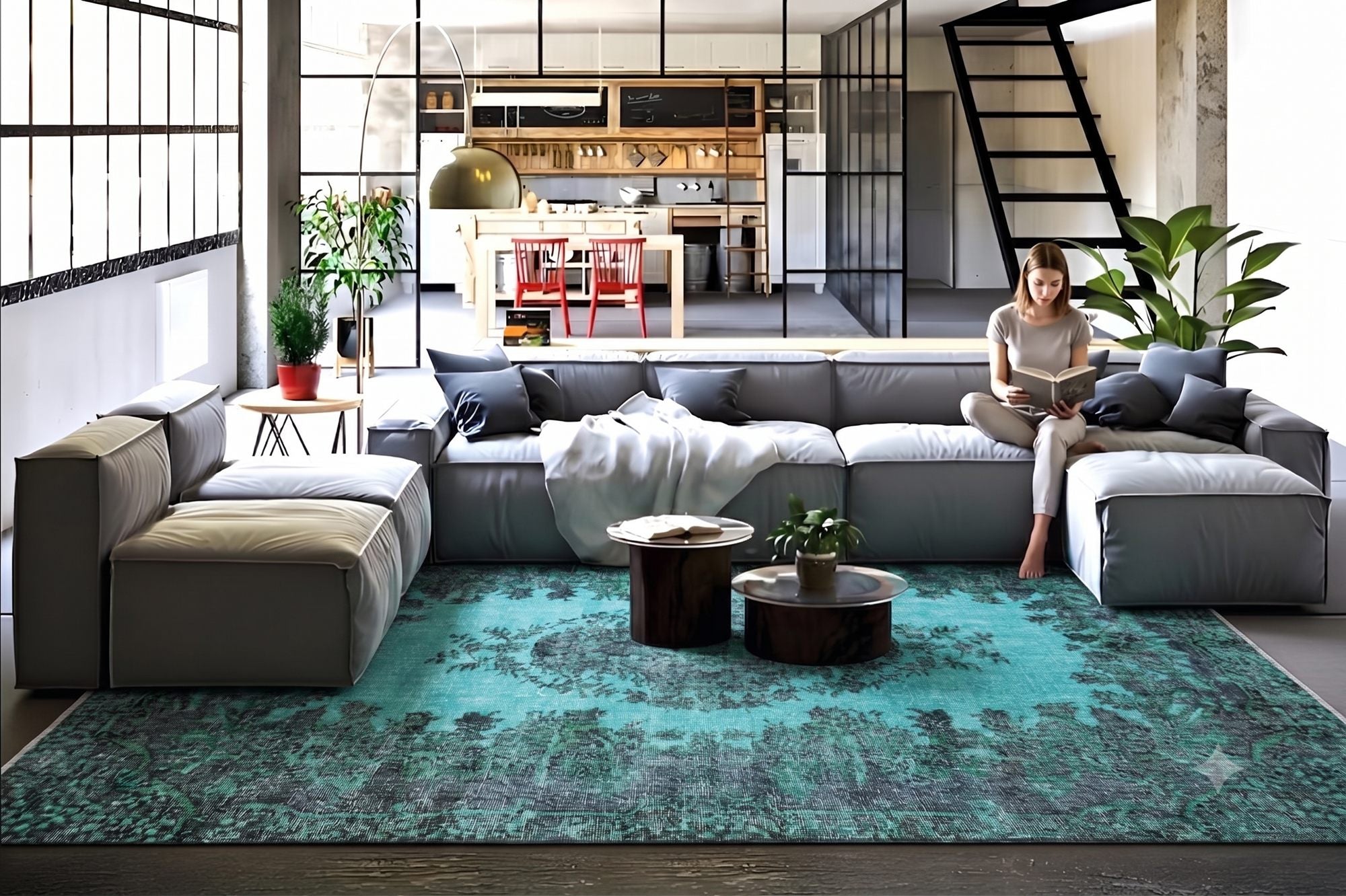 Diep turquoise vintage vloerkleed - G597