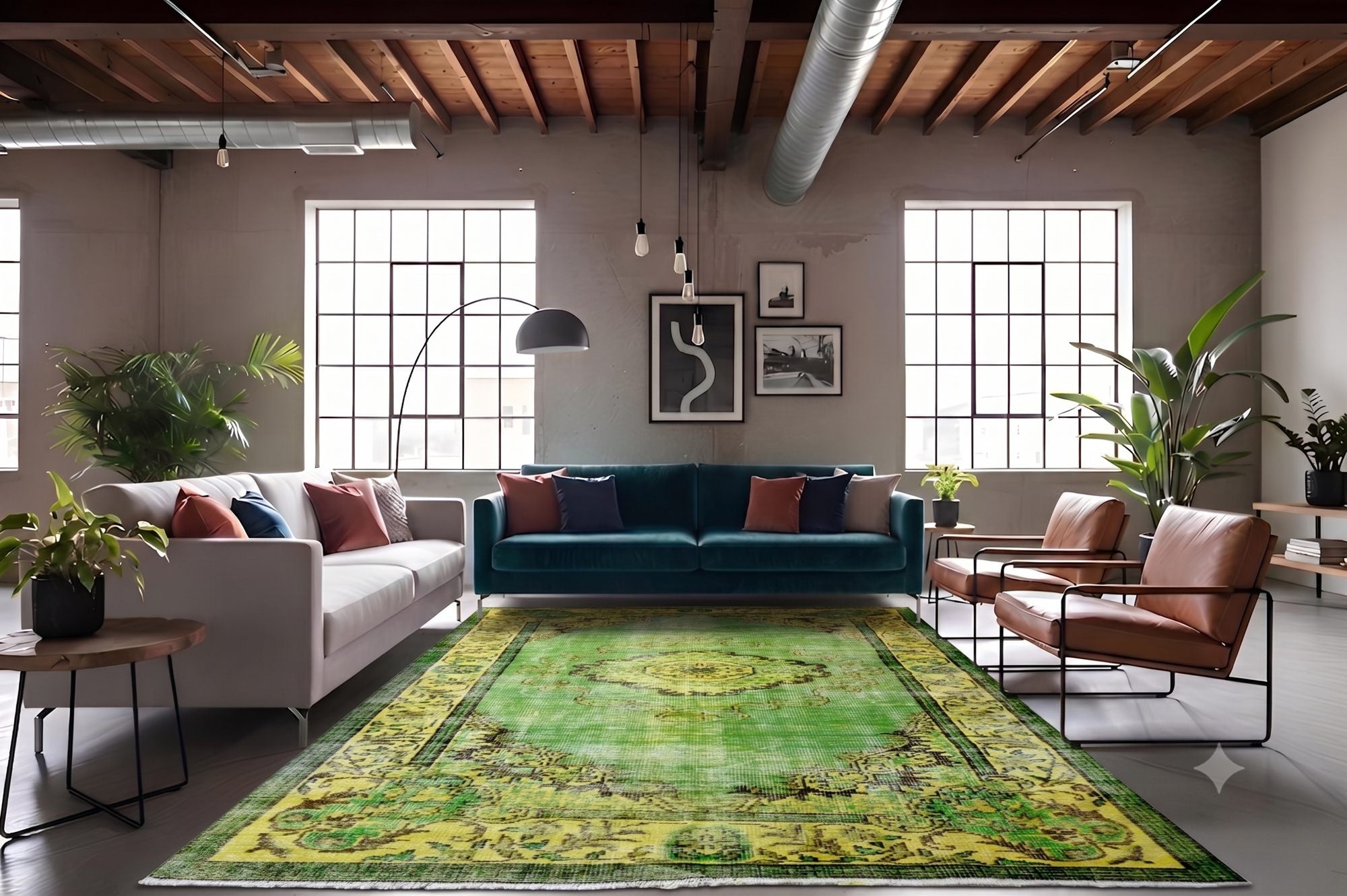 Levendig groengeel vintage vloerkleed - G602