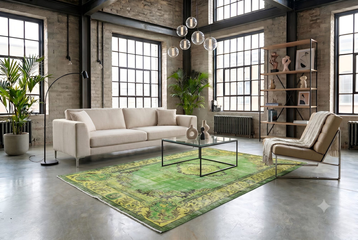 Levendig groengeel vintage vloerkleed - G602