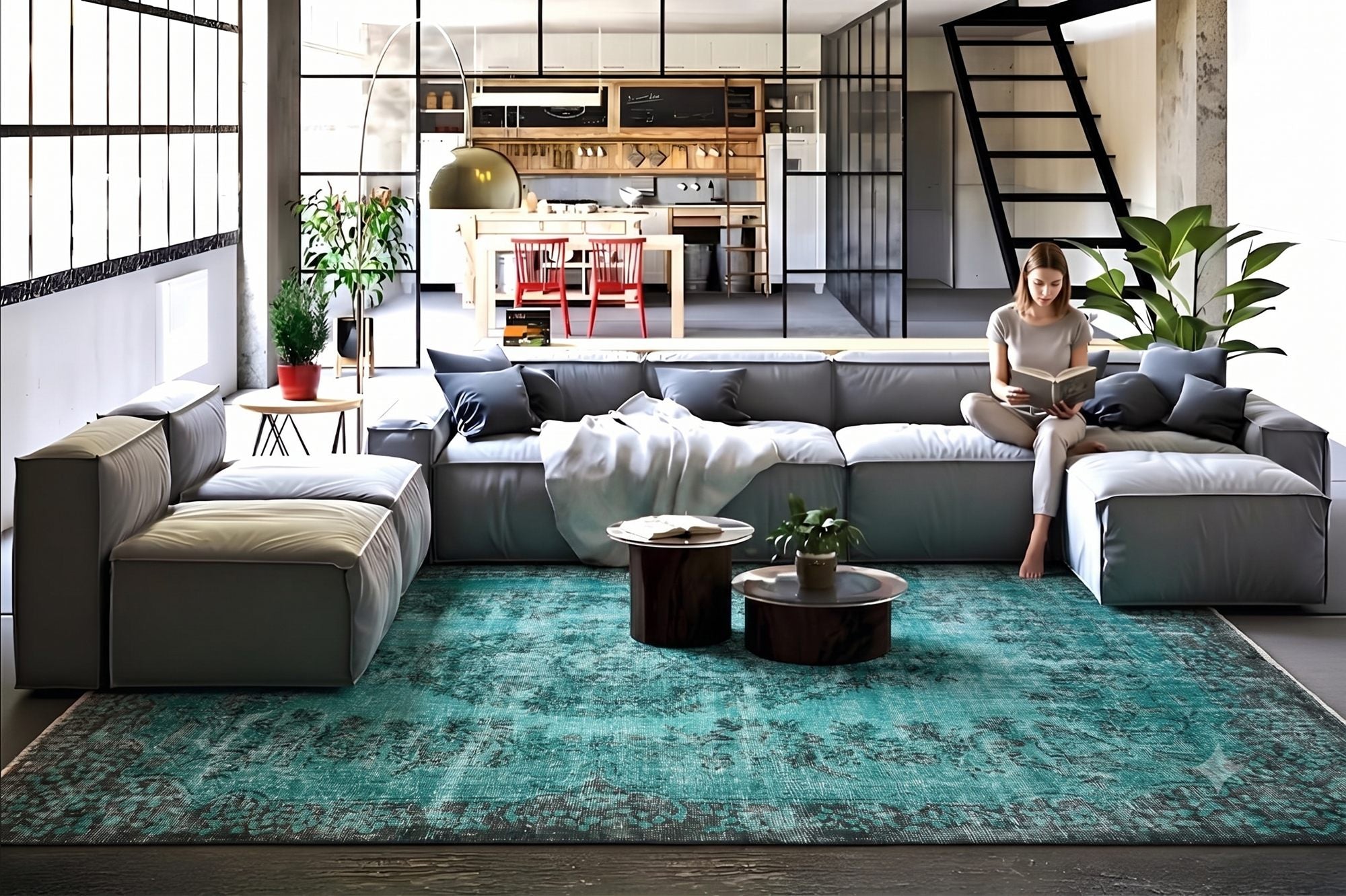 Zacht turquoise vintage vloerkleed - G606