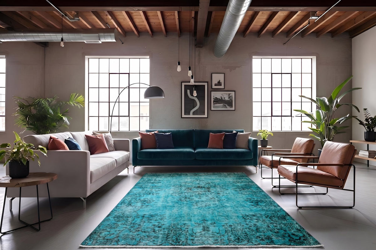 Diep verweerd turquoise vintage vloerkleed - G624