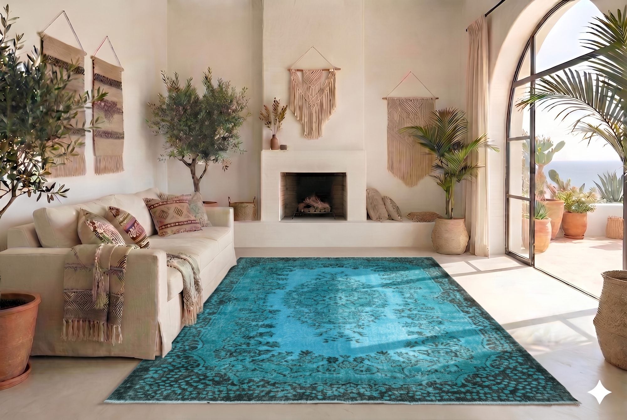 Levendig turquoise vintage vloerkleed - G632
