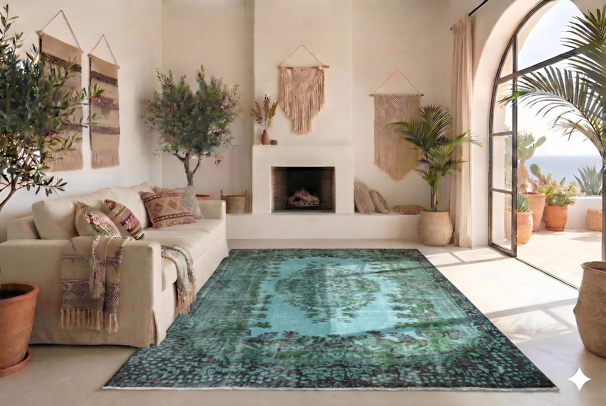 Donker zeeturquoise vintage vloerkleed - G646