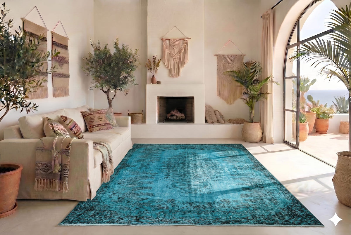 Helder oceaanblauw vintage vloerkleed - G647