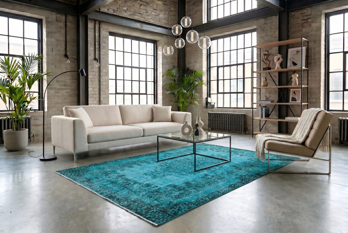 Helder oceaanblauw vintage vloerkleed - G647