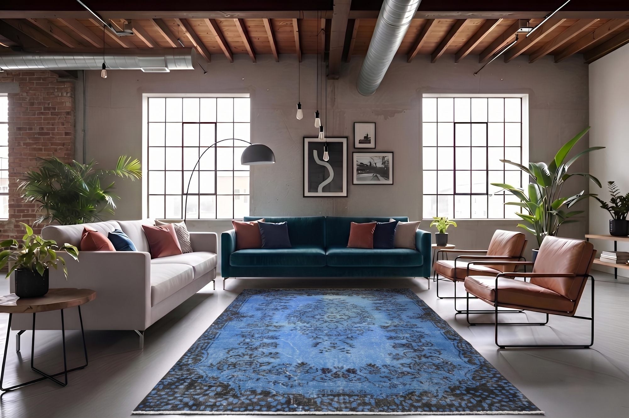 Rijk korenblauw vintage vloerkleed - G650