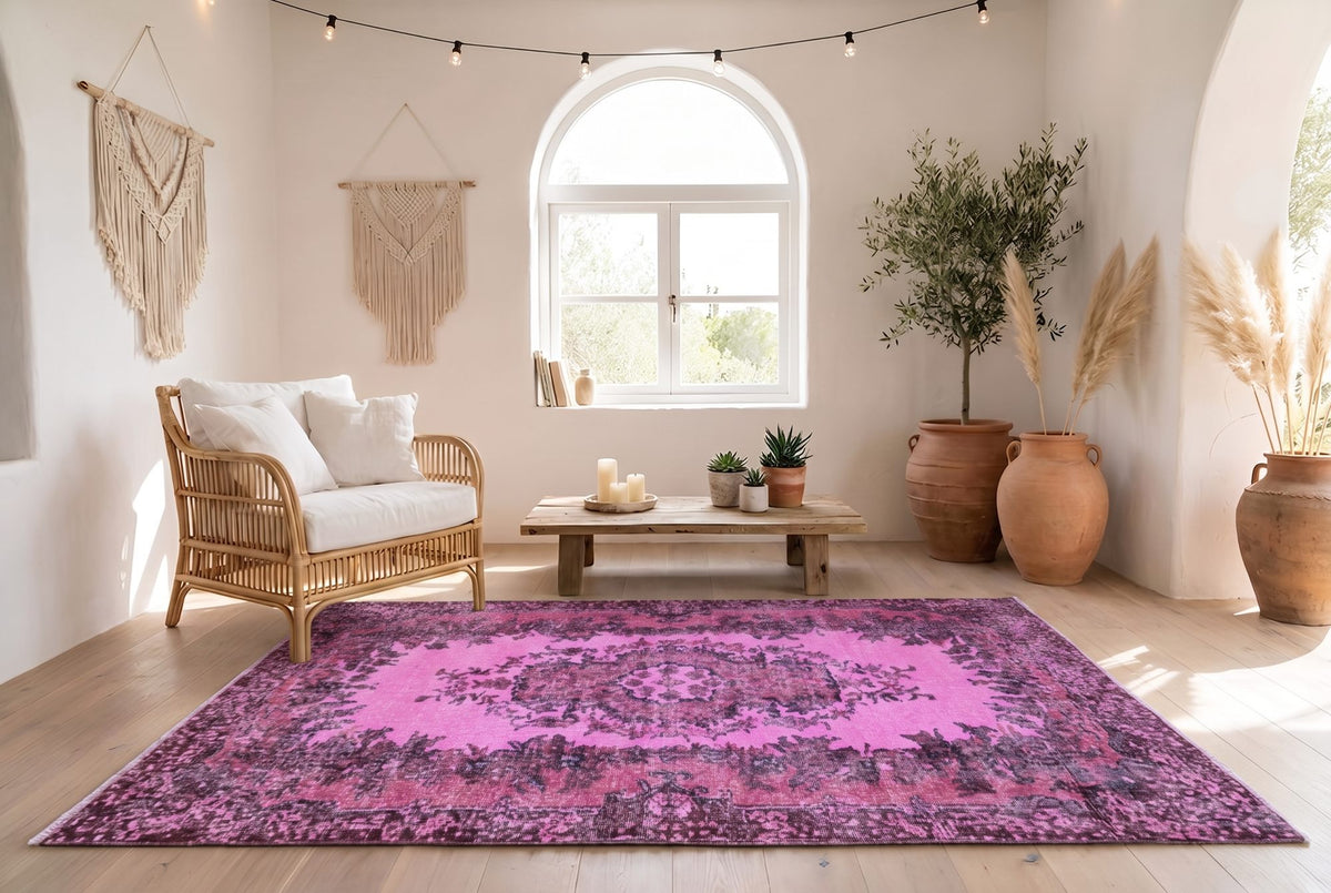 Speels fuchsiaroze vintage vloerkleed - G655