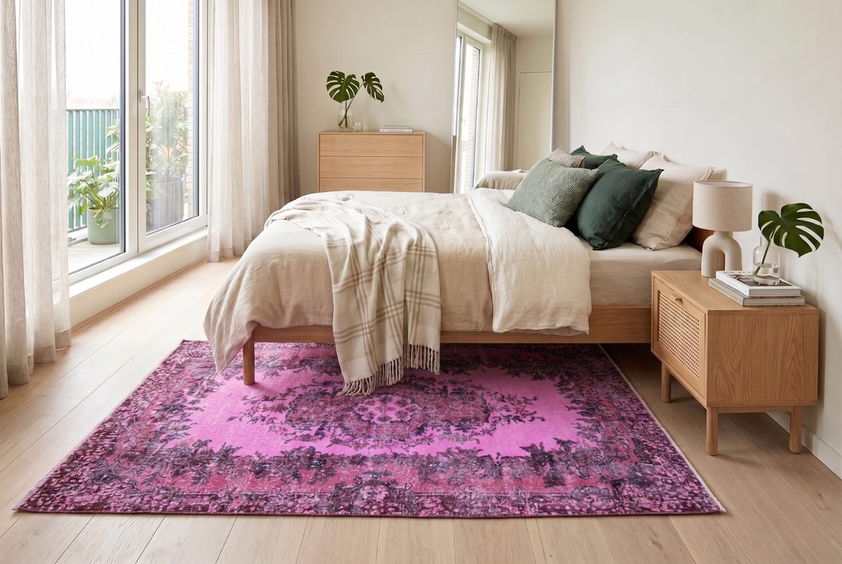 Speels fuchsiaroze vintage vloerkleed - G655