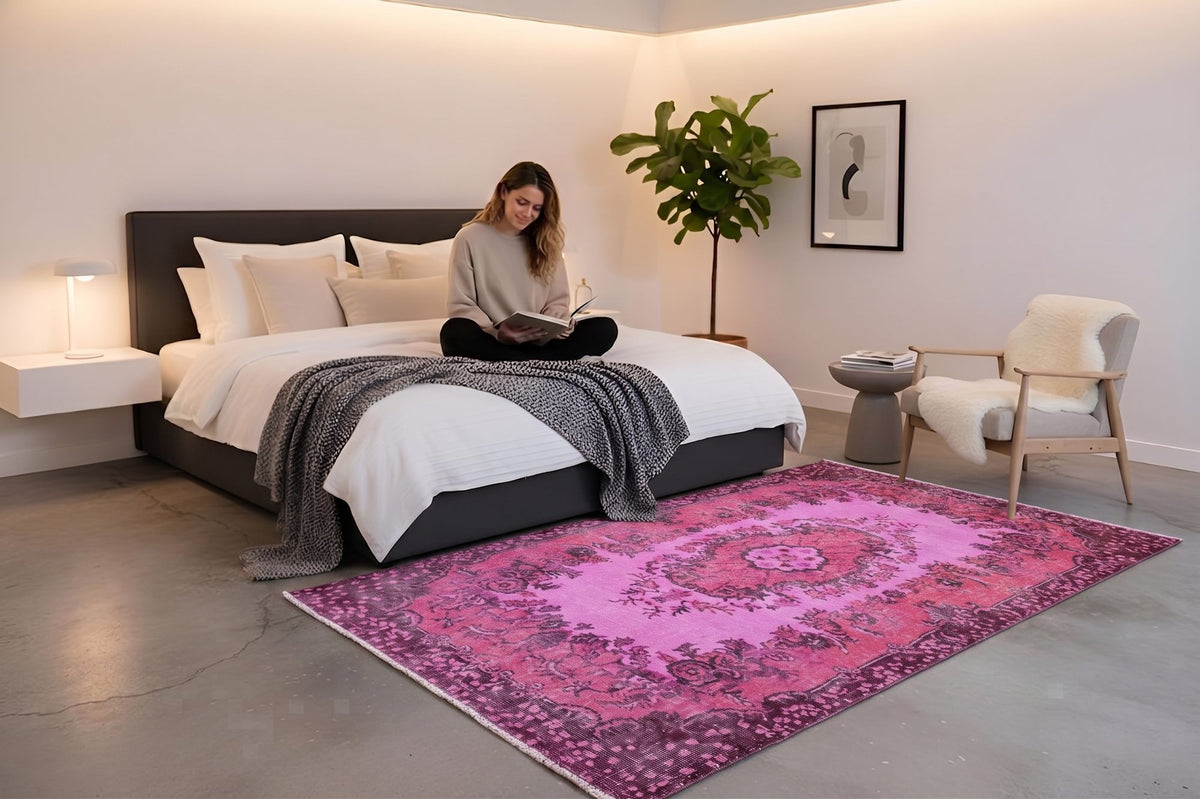 Vurig magentaroze vintage vloerkleed - G660