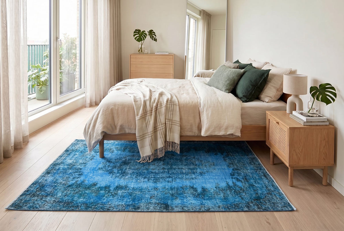 Clear azure blue vintage rug - G658
