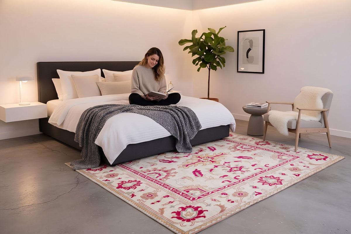 Zacht framboosroze bloemen vloerkleed - G682