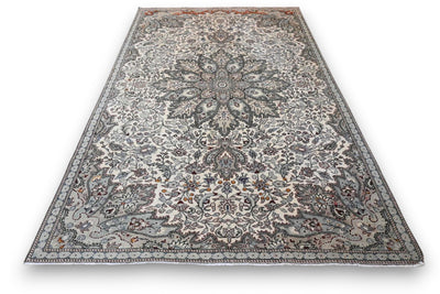 Zacht grijsbeige vintage vloerkleed, handgeknoopt van wol met katoen, 240 x 150 cm – G689