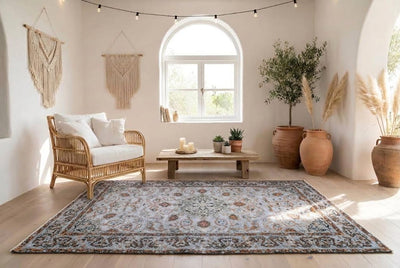 Verfijnd zilvergrijs vintage vloerkleed, handgeknoopt van wol met katoen, 240 x 110 cm – G711
