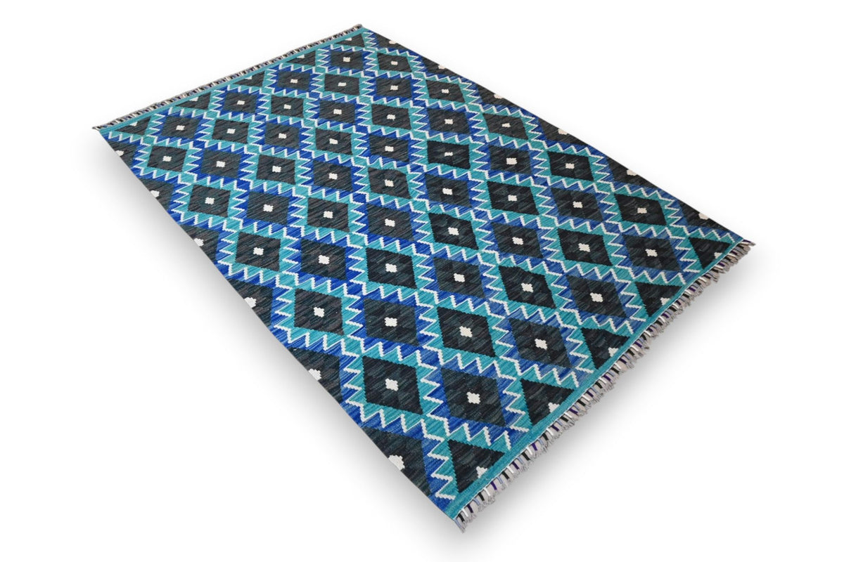 Grafisch oceaanblauw kelim vloerkleed - G746