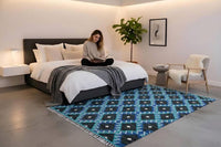 Grafisch oceaanblauw kelim vloerkleed - G746