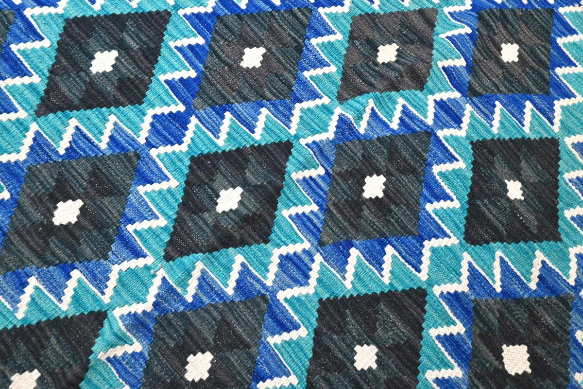 Grafisch oceaanblauw kelim vloerkleed - G746