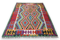 Speels kleurrijk kelim vloerkleed, vlakgeweven, 180 x 140 cm – G759