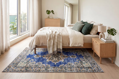 Stoer kobaltblauw vintage vloerkleed, handgeknoopt van wol met katoen, 215 x 115 cm – G762