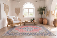 Verweerd koraalrood vintage vloerkleed, handgeknoopt van wol met katoen, 220 x 115 cm – G763