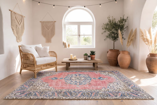 Distressed coral red vintage rug - G763
