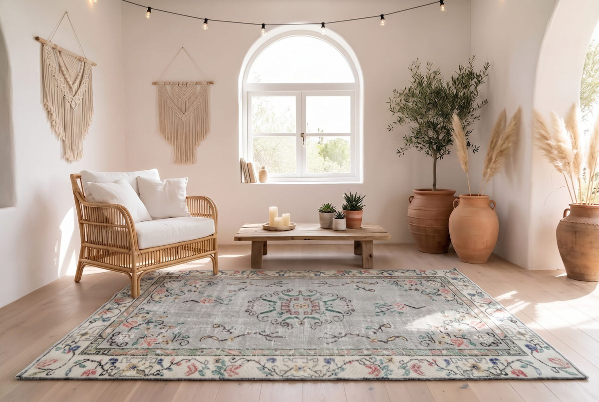 Licht kiezelbeige vintage vloerkleed, handgeknoopt van wol met katoen, 215 x 120 cm – G764