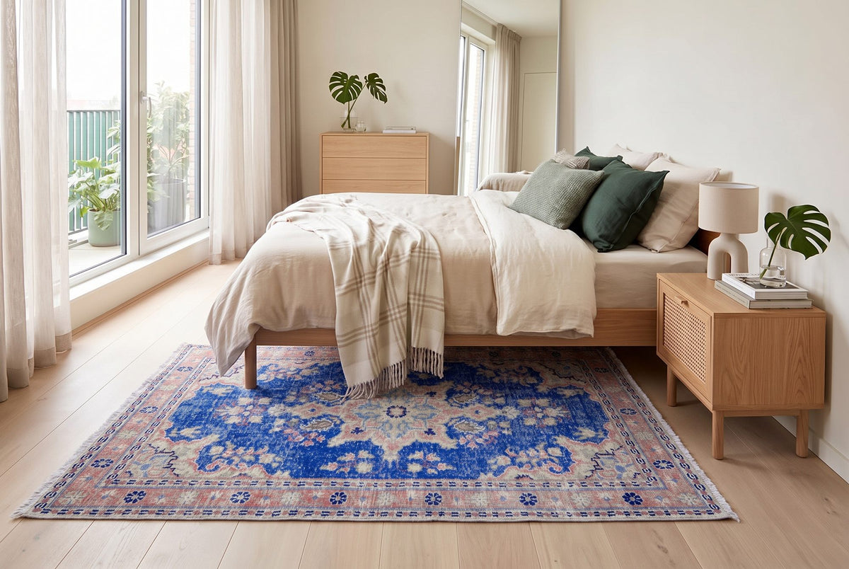 Helder koningsblauw vintage vloerkleed, handgeknoopt van wol met katoen, 205 x 105 cm – G765