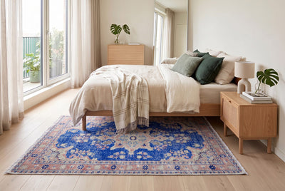 Helder koningsblauw vintage vloerkleed, handgeknoopt van wol met katoen, 205 x 105 cm – G765