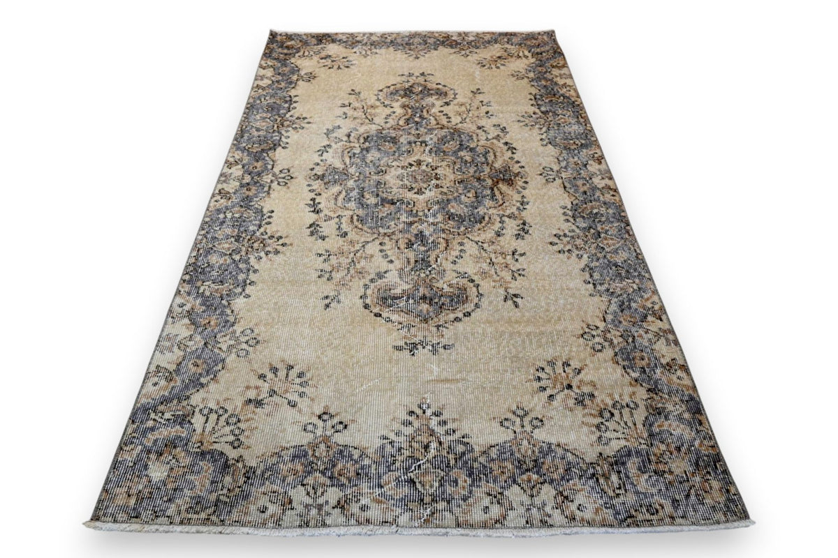 Zacht vanillegeel vintage vloerkleed, handgeknoopt van wol met katoen, 205 x 115 cm – G767