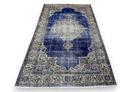 Rijk saffierblauw vintage vloerkleed, handgeknoopt van wol met katoen, 210 x 115 cm – G768