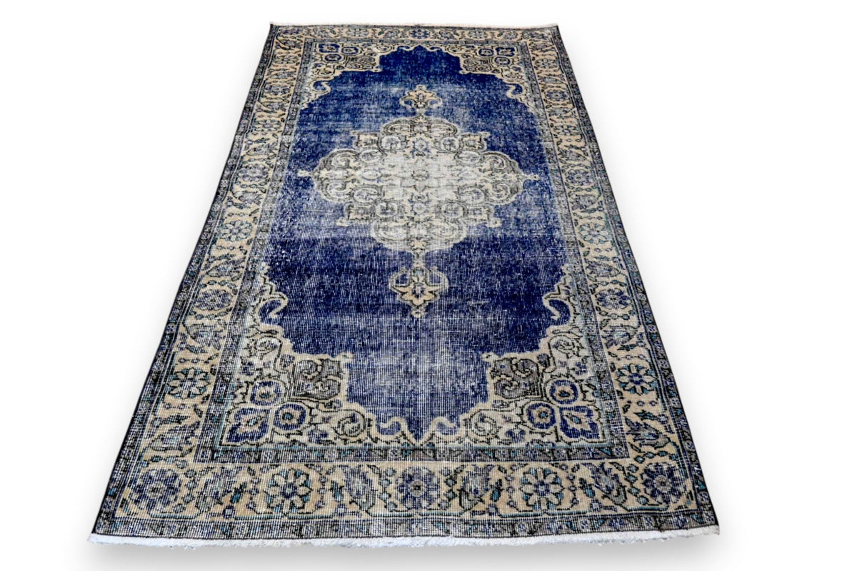 Rijk saffierblauw vintage vloerkleed, handgeknoopt van wol met katoen, 210 x 115 cm – G768