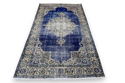 Rijk saffierblauw vintage vloerkleed, handgeknoopt van wol met katoen, 210 x 115 cm – G768