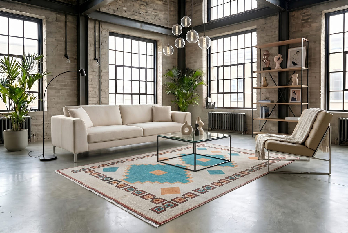 Licht beige-turquoise vintage vloerkleed G769 – foto 4