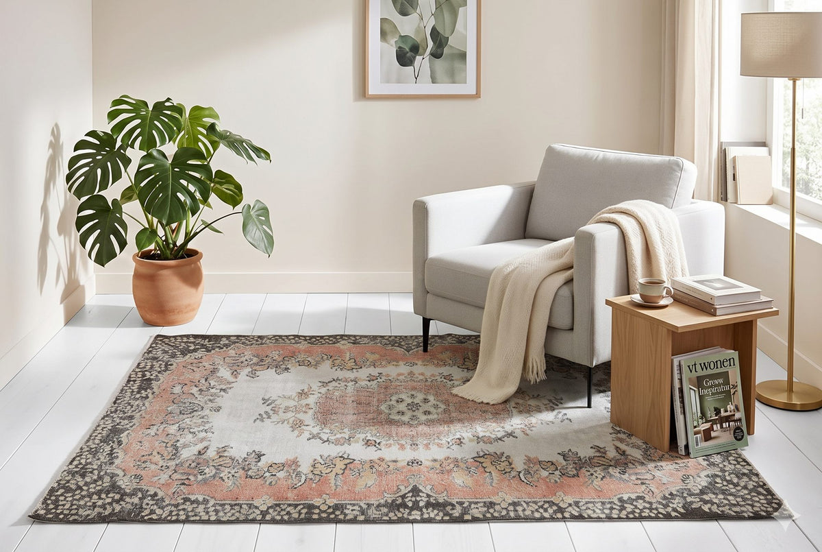 Retro perzik-bruin vintage vloerkleed, handgeknoopt van wol met katoen, 215 x 115 cm – G780