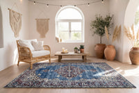 Klassiek blauw vintage vloerkleed, handgeknoopt van wol met katoen, 225 x 110 cm – G782