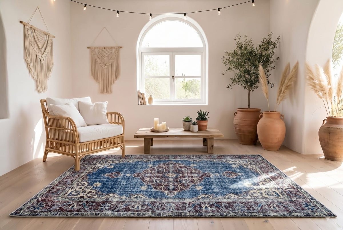 Klassiek blauw vintage vloerkleed, handgeknoopt van wol met katoen, 225 x 110 cm – G782
