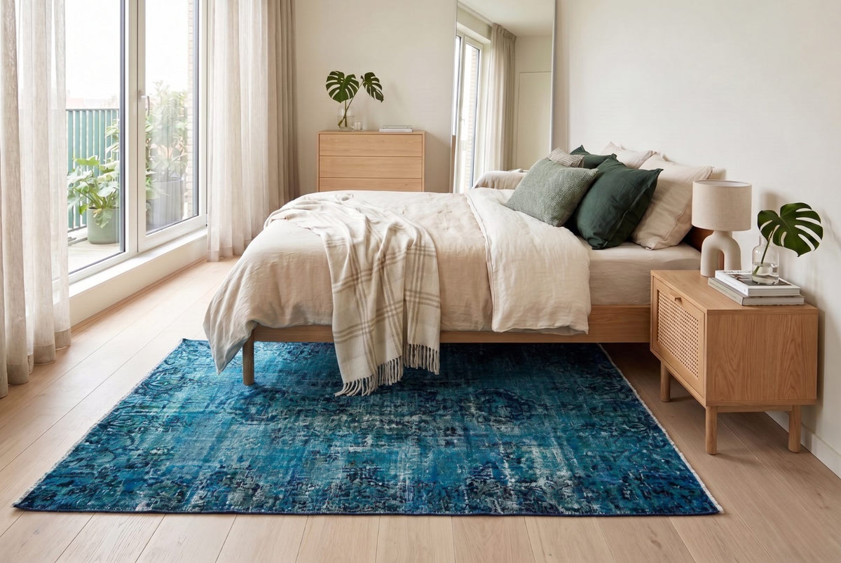 Blauw super vintage vloerkleed, handgeknoopt van wol met katoen, 200 x 115 cm – G796
