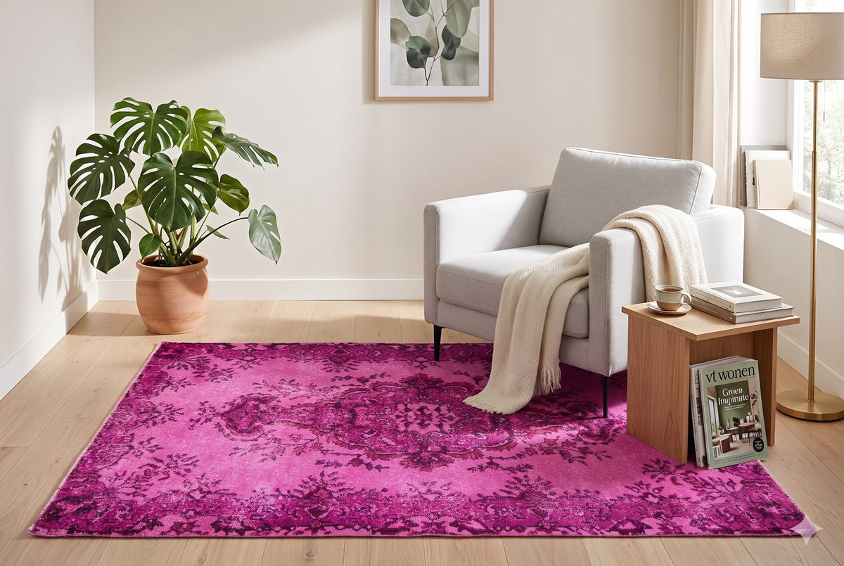 Fel magenta vintage vloerkleed, handgeknoopt van wol met katoen, 195 x 115 cm – G806