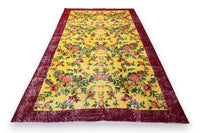 Bloemrijk geel vintage kleed, handgeknoopt van wol met katoen, 240 x 145 cm – G807