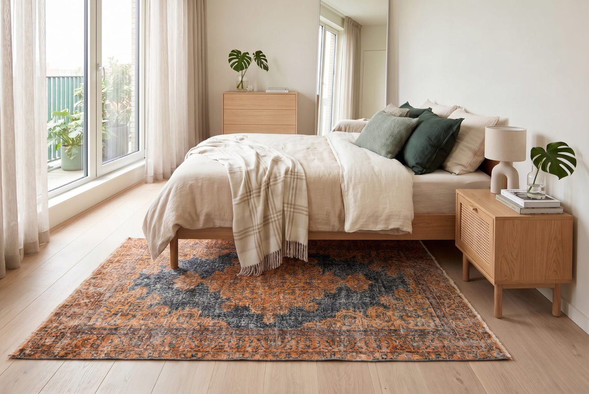 Warm koperoranje vintage kleed, handgeknoopt van wol met katoen, 205 x 115 cm – G809