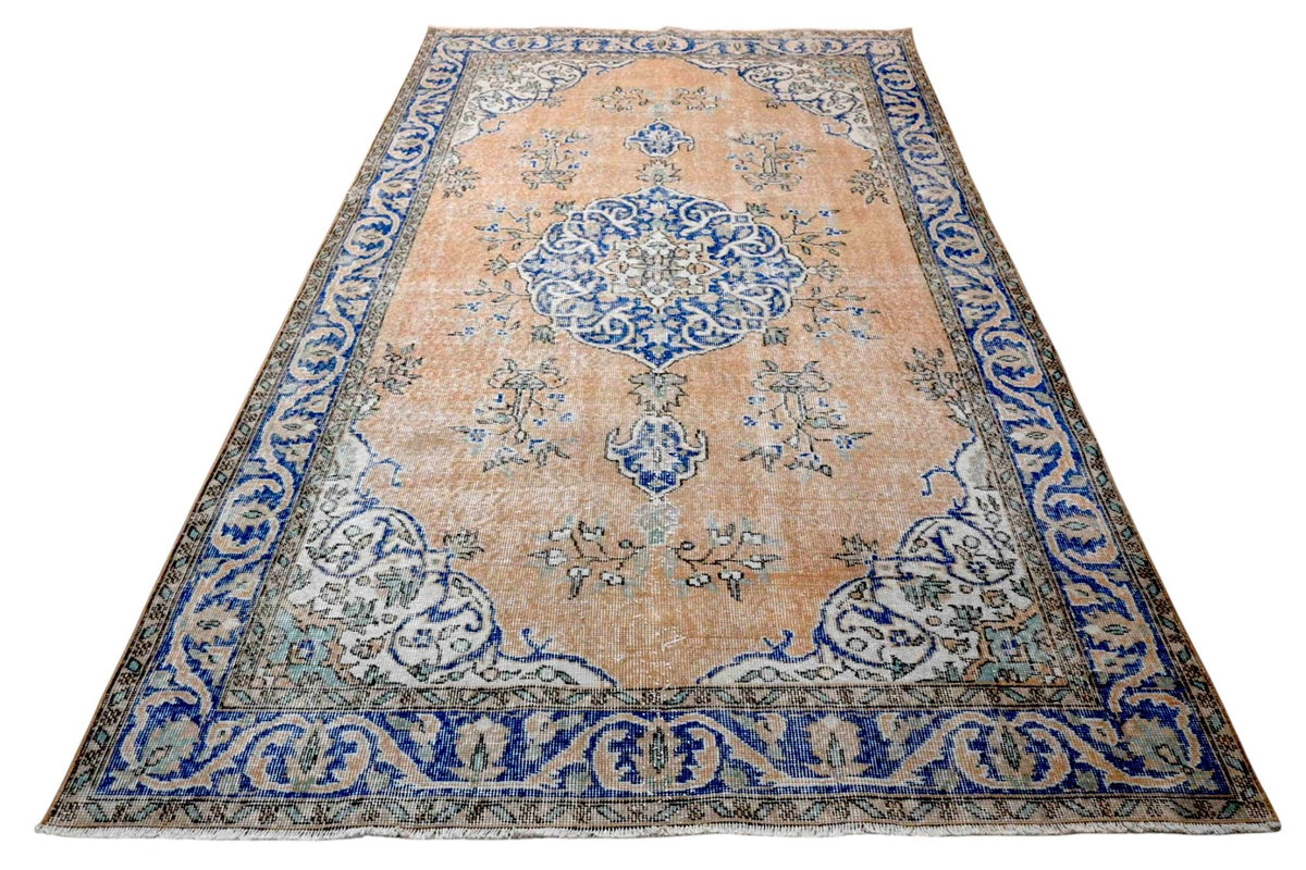 Royal perzik-blauw vintage kleed, handgeknoopt van wol met katoen, 290 x 170 cm – G813