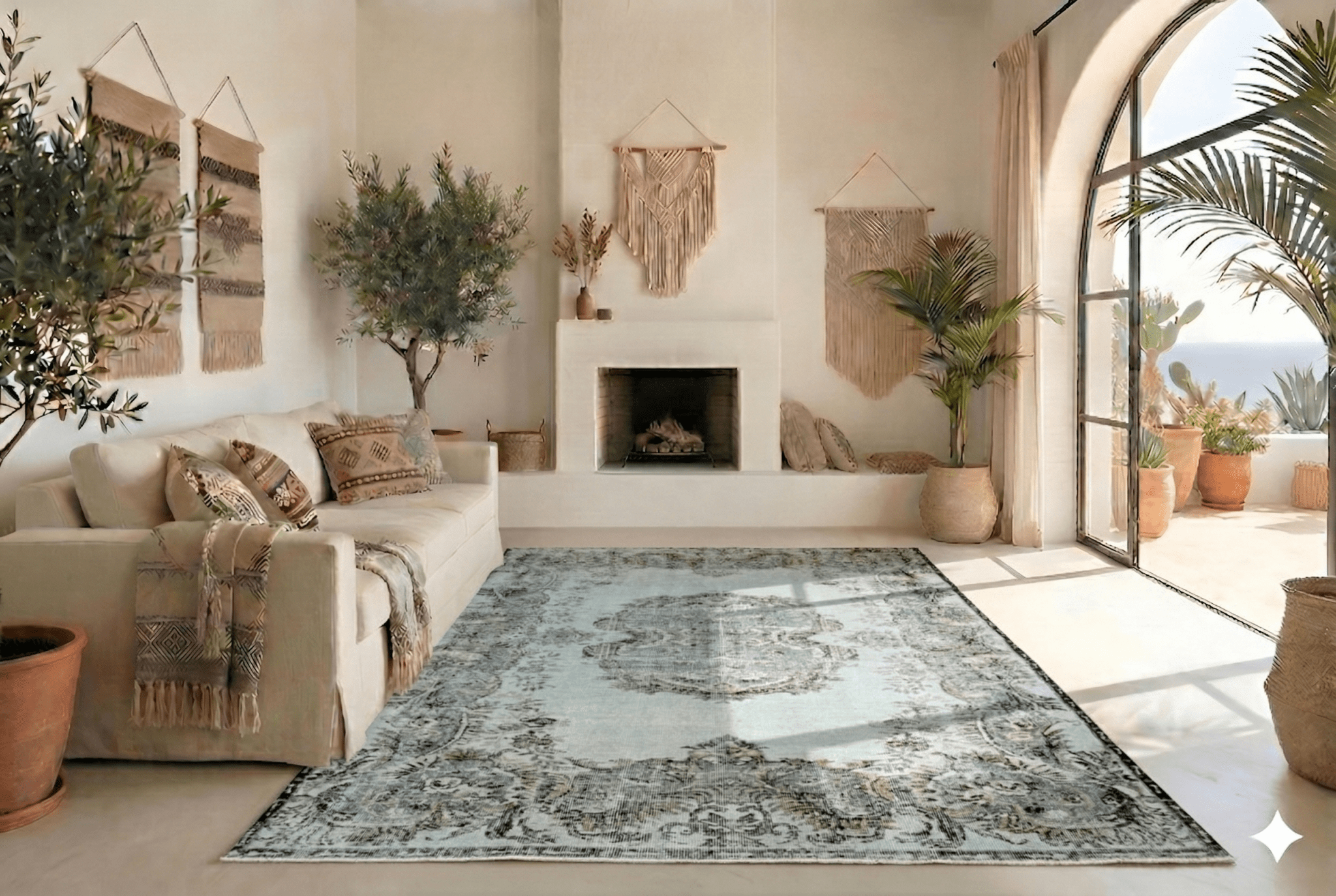 Sereen lichtblauw vintage vloerkleed hoek - G438