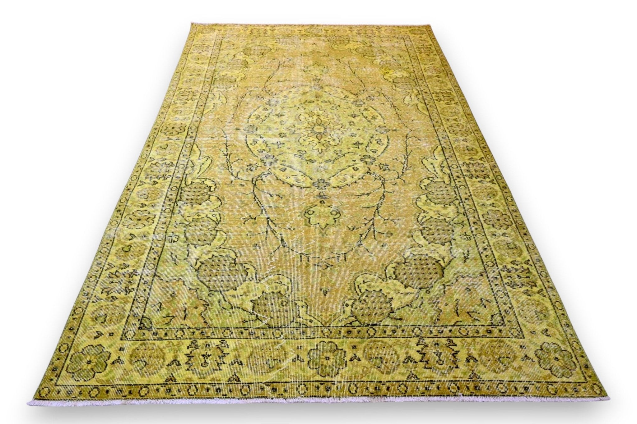Geel - groen vintage vloerkleed - G513 - Lavinta